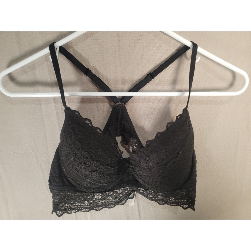 Victorias Secret PINK Bra Small S Black Floral Lace Racerback Push Up Longline
